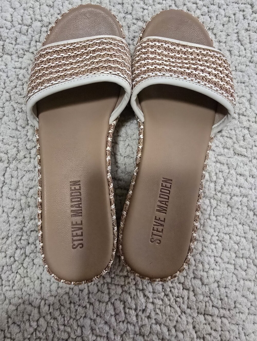 Steve Madden Beige Woven Slide Sandals with White Trim